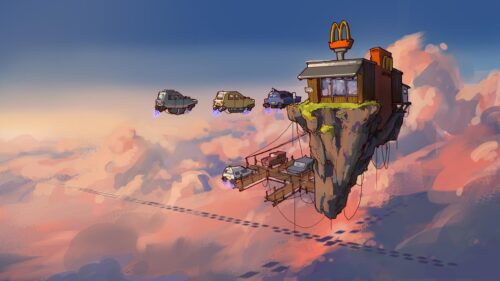 Floating McDonald’s Drive Thru in the Clouds Surreal Sci-Fi 4K Wallpaper