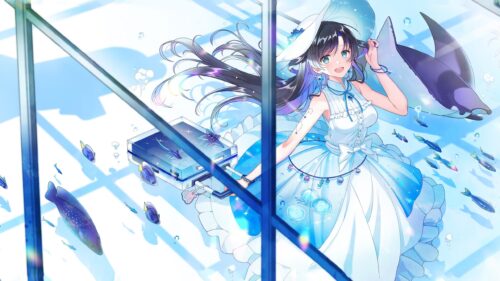 Anime Girl in White Summer Dress With Sea Creatures 4K Wallpaper