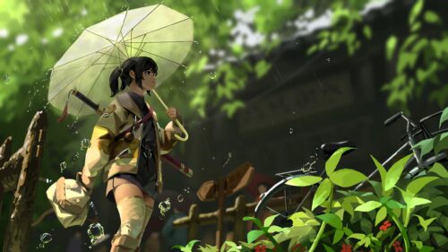 Anime Girl with Umbrella Walking in the Rain 4K PC Wallpaper