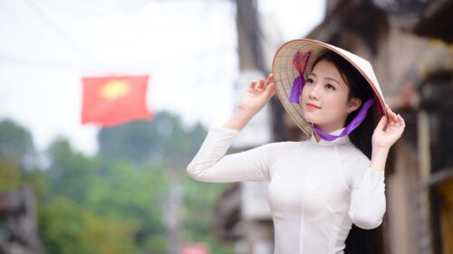 Beautiful Vietnamese Woman in Traditional Ao Dai and Conical Hat 4K Wallpaper
