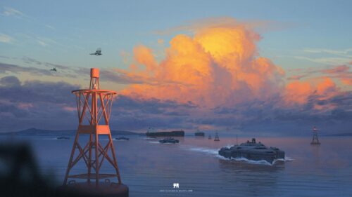 Stunning Sunset Ocean Naval Fleet Digital Art Desktop Wallpaper