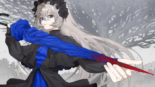 Anime Girl with Blue Umbrella and Silver Hair Dark Aesthetic 4K Wallpaper