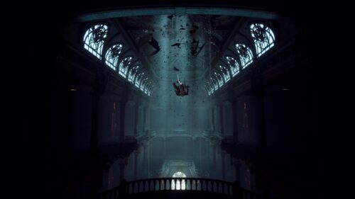 Surreal Falling Figure in Gothic Cathedral Architecture 4K Wallpaper