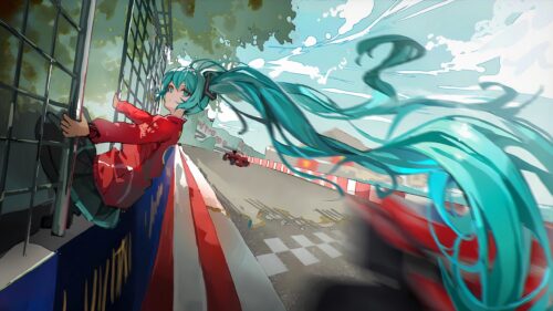 Hatsune Miku at the Racetrack Anime Girl Desktop Wallpaper