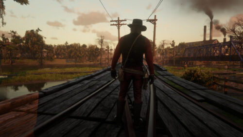 Arthur Morgan Standing on Saint Denis Railway Bridge Red Dead Redemption 2 PC Wallpaper