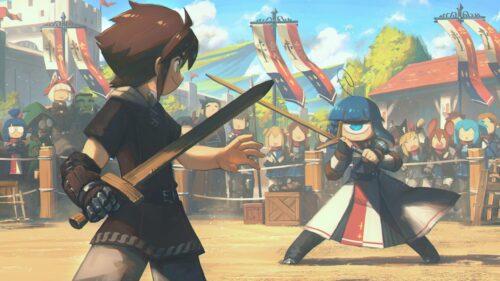 Epic Fantasy Anime Duel in Medieval Arena Desktop Wallpaper