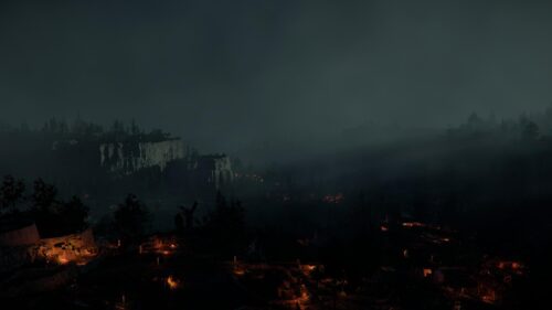 Dark Misty Night Landscape with Glowing Village Lights 4K Wallpaper