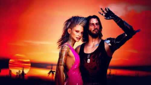 Johnny Silverhand and Female V Cyberpunk 2077 Sunset 4K Wallpaper
