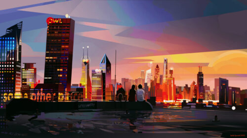 Couple Watching Sunset Over Futuristic Cityscape PC Wallpaper
