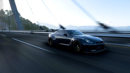 Black Nissan GT-R R35 Widebody Speeding on Bridge 4K PC Wallpaper