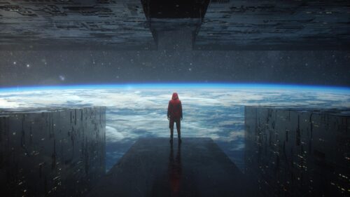 Lonely Figure in Red Hoodie Overlooking Earth from Space Station PC Wallpaper