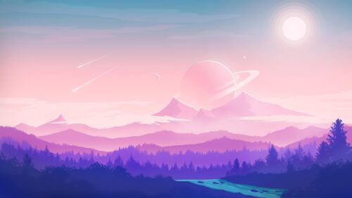 Minimalist Pastel Alien Planet Landscape with Saturn Ring PC Wallpaper