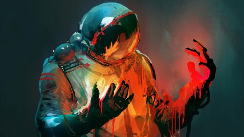 Abstract Astronaut with Glowing Red Energy Artistic PC Wallpaper