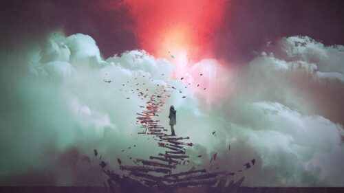 Lonely Figure Standing on Floating Stairway in Surreal Clouds 4K Wallpaper