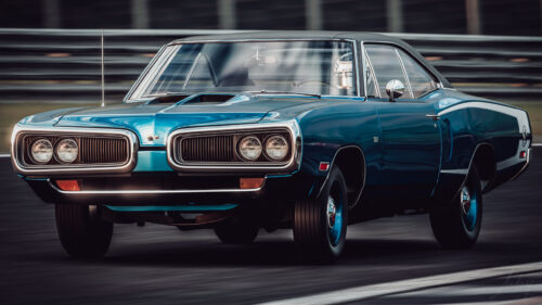 Classic Blue Dodge Coronet Super Bee on Race Track 4K Desktop Wallpaper