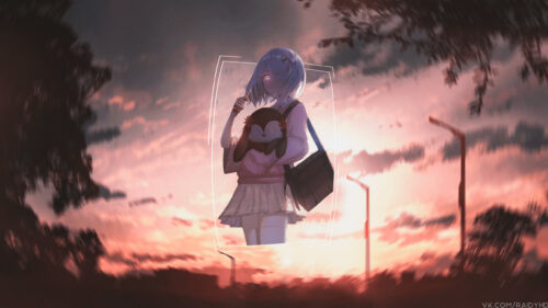 Anime Girl Holding Plushie at Sunset Aesthetic PC Wallpaper