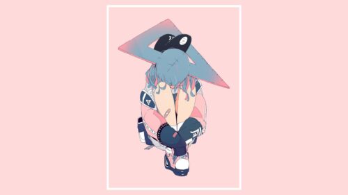 Aesthetic Pastel Anime Girl with Geometric Shapes PC Wallpaper