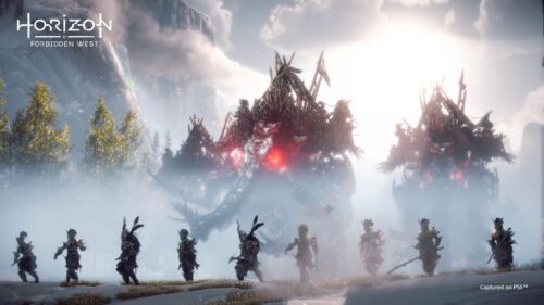 Horizon Forbidden West Tremortusk Warriors 4K Desktop Wallpaper