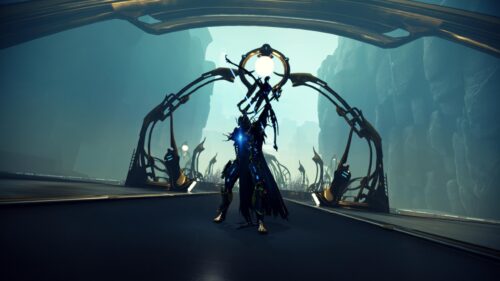 Warframe Excalibur Umbra Standing Under Orokin Architecture 4K Wallpaper