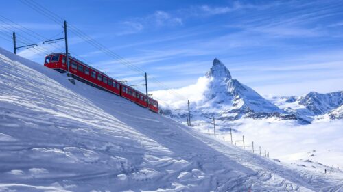 Red Gornergrat Train Crossing Swiss Alps Matterhorn Desktop Wallpaper