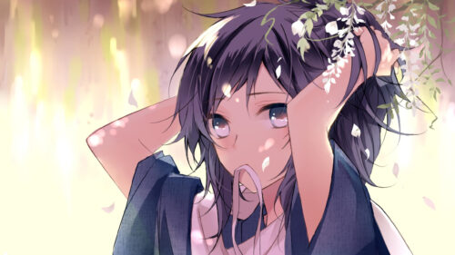 Anime Girl with Wisteria Flowers Soft Sunlight Aesthetic PC Wallpaper