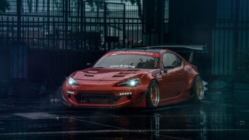 Modified Widebody Toyota 86 in Rainy Street Atmosphere 4K Wallpaper