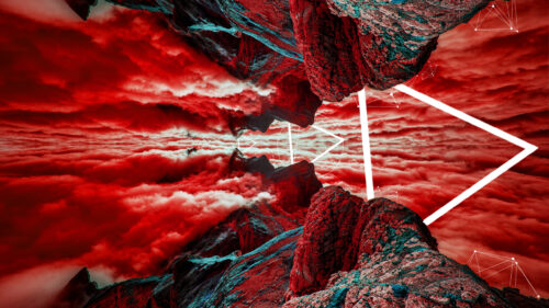 Surreal Red Mountain Landscape with Abstract Neon Geometry PC Wallpaper