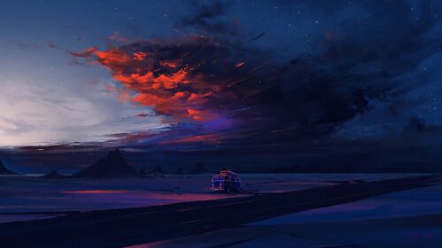 Stunning Digital Art Van Under Fiery Sunset Clouds PC Wallpaper