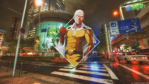 Saitama One Punch Man Urban Night Street 4K Desktop Wallpaper
