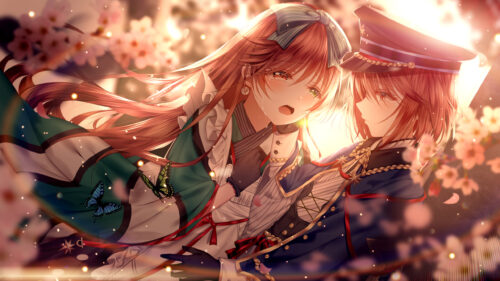 Emotional Anime Couple Amidst Sakura Cherry Blossoms 4K Wallpaper
