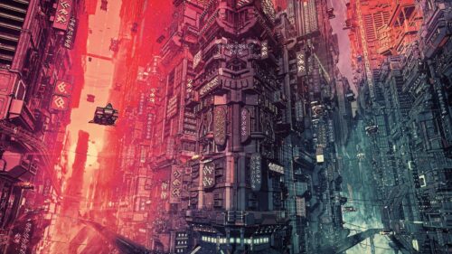 Futuristic Cyberpunk Megalopolis Red and Blue Cityscape 4K Wallpaper