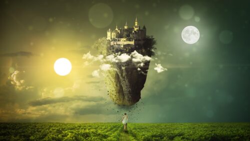 Fantasy Floating Castle Above Girl in Field 4K PC Wallpaper