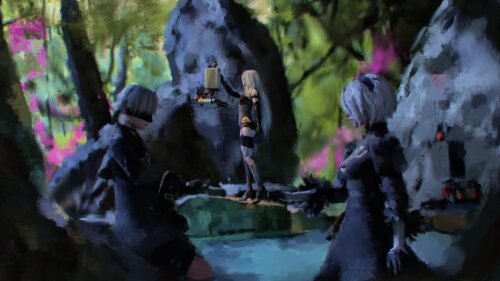 NieR Automata 2B and A2 Digital Art Impressionist Forest Scene PC Wallpaper