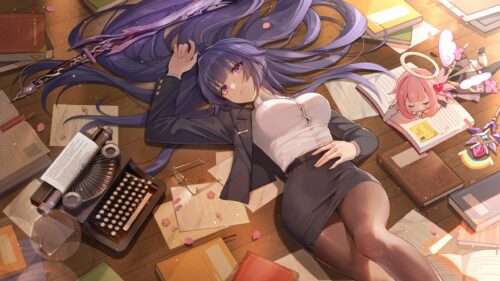 Anime Girl with Long Purple Hair Lying Among Books and Typewriter 4K Desktop Wallpaper