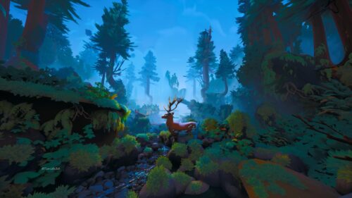Mystical Forest Deer in Enchanted Blue Woodland Scene PC Wallpaper