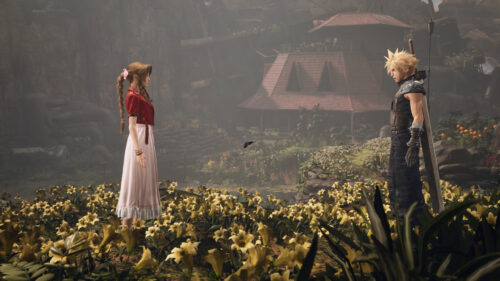 Cloud and Aerith in the Flower Field Final Fantasy VII Rebirth PC Wallpaper