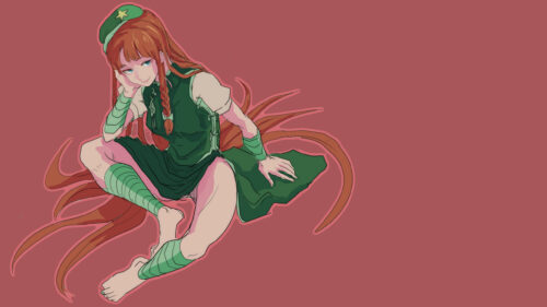 Anime Girl with Long Red Hair in Green Military Outfit PC Wallpaper