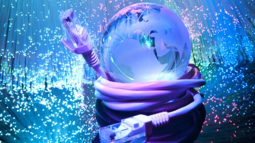 Global Internet Network Connection with Glass Globe and Fiber Optics PC Wallpaper