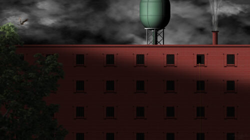Mysterious Red Brick Prison Building with Dark Stormy Sky 4K Wallpaper