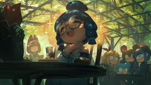 Cute Anime Girl Laughing in a Sunlit Cafe Garden PC Wallpaper