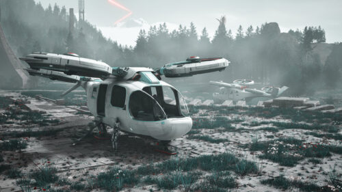 Futuristic VTOL Aircraft and Android Explorer in Misty Forest 4K Wallpaper