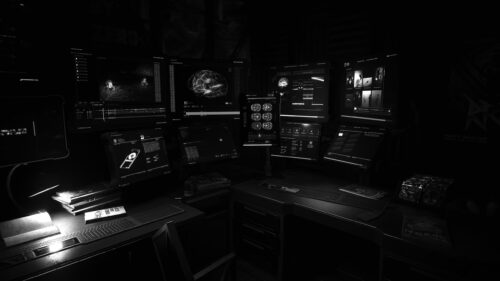 Black and White Cyberpunk Hacker Command Center PC Wallpaper