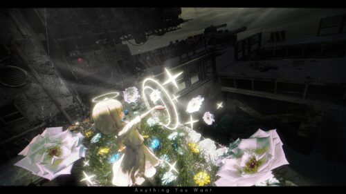 Anime Girl with Halo and Glowing Flowers in Post-Apocalyptic Setting PC Wallpaper