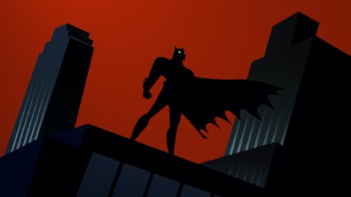 Batman Animated Series Silhouette Over Gotham City Skyline 4K Wallpaper