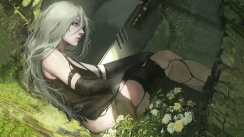 A2 Nier Automata White Hair Girl in Nature 4K Desktop Wallpaper
