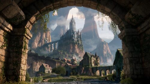 Stunning Fantasy Castle Overlooking a Medieval Village Landscape 4K Wallpaper