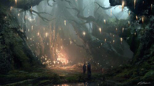 Mystical Forest with Floating Candles and Figures Fantasy PC Wallpaper
