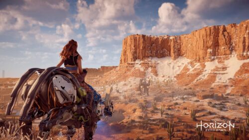 Aloy Riding a Machine in Horizon Zero Dawn Desert Landscape 4K PC Wallpaper