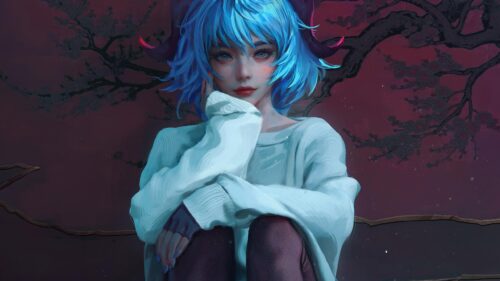 Anime Girl with Blue Hair and Demon Horns Digital Art 4K Wallpaper