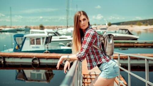 Beautiful Woman at Harbor Marina with Boats Summer PC Wallpaper